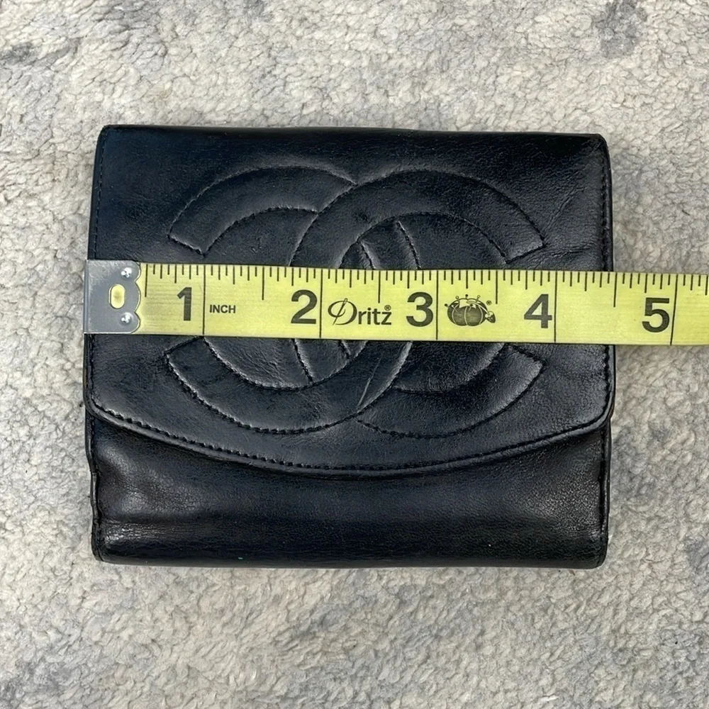 Chanel Black Leather Compact Double Snap Wallet Interlocking CC